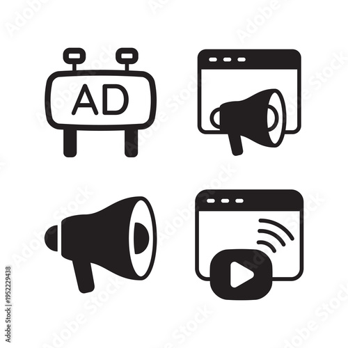 Content promotion and megaphone announcement marketing icon set