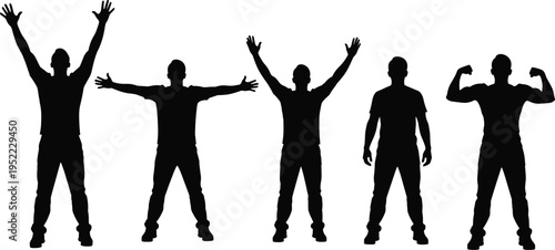 Man silhouettes collection standing poses strength confidence success gestures body language isolated on white background vector illustration set