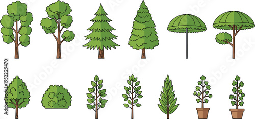 Comprehensive Vector Collection of Individual Deciduous and Coniferous Trees Featuring Pine Spruce Oak Maple and Potted Plants for Nature and Landscape Design