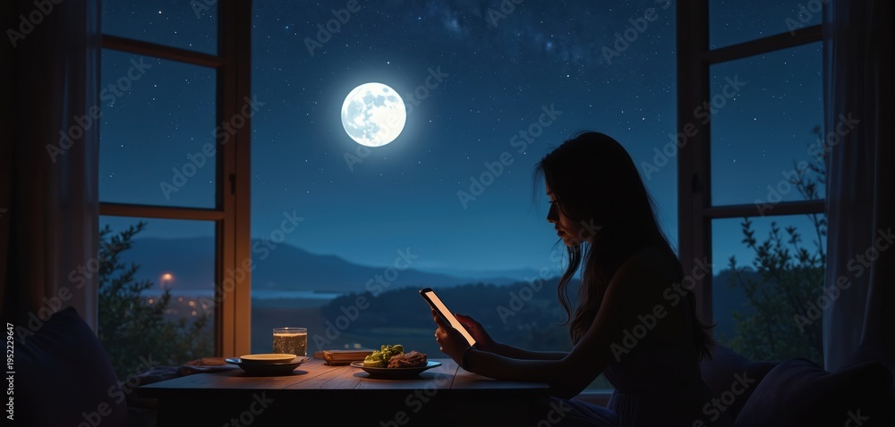 Fototapeta premium Woman sits at a table with food by window looking at phone screen. Bright full moon and stars in night sky illuminate peaceful landscape outside.