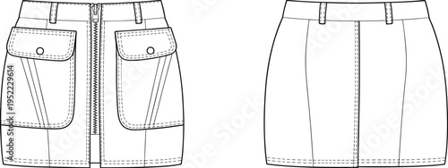 Mini skirt front and back view with pockets and zipper, fashion apparel template, technical garment design, cad drawing flat vector illustration