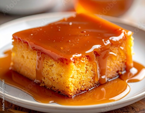 Premium commercial stock image of traditional South African Malva Pudding, moist sponge cake with glossy caramel sauce, natural light, shallow depth of field, ultra realistic, clean background, no hum