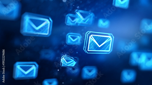 A digital illustration of glowing blue email icons floating in a dark blue background