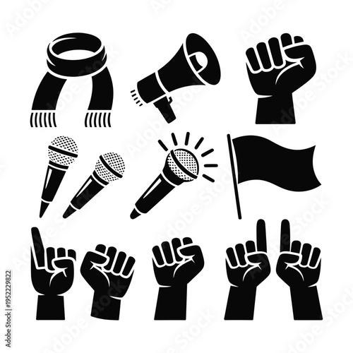 Protest icon set with megaphone, microphones and raised fists