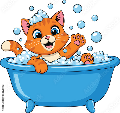 Cute cartoon orange cat taking a bath in blue tub with soap bubbles, funny pet grooming illustration for kids and animal themed designs