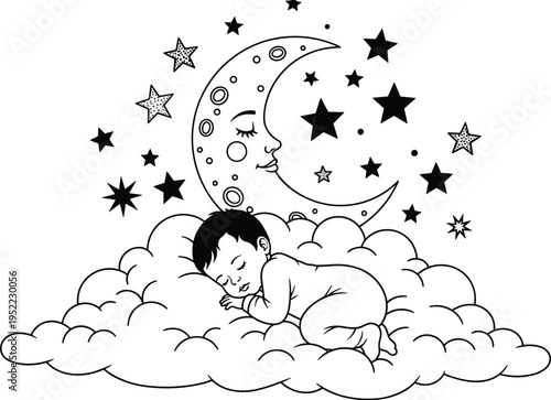 Cute sleeping baby on cloud with moon and stars, peaceful nursery illustration for newborn decor, bedtime theme, dreamy night artwork design