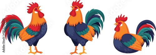 Collection of Colorful Rooster Vector Characters in Crowing and Sitting Poses for Farm Logo Designs, Poultry Organic Food Branding, and Countryside Animal Illustrations