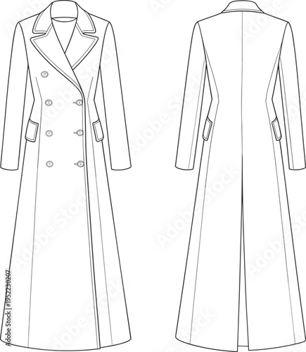 Long trench coat fashion design, overcoat technical sketch, stylish apparel template, outerwear clothing vector, cad drawing flat vector illustration