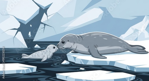 Adult marine mammal affectionately touches noses with its small offspring in icy waters