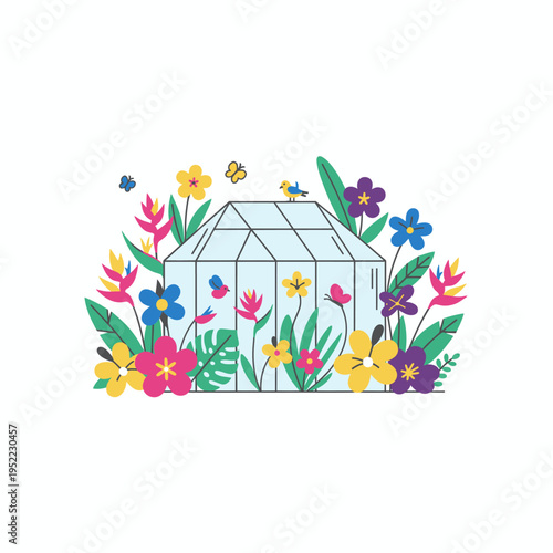 Vibrant Greenhouse Surrounded by Colorful Exotic Flowers and Butterflies.