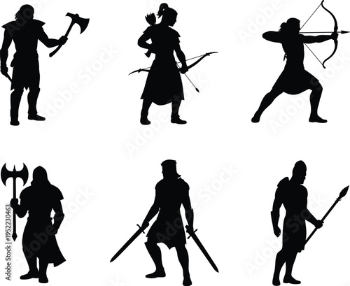 Warrior silhouettes vector, ancient fighters sketch, fantasy combat illustration, weapon poses design, medieval soldier outline, battle art, heroic character icon