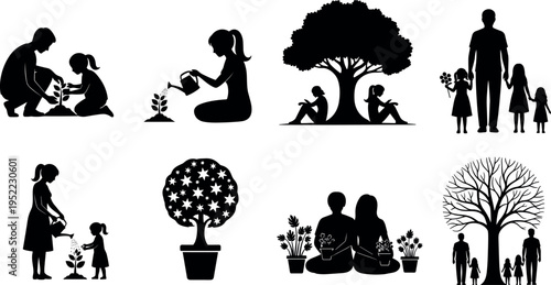 Family and nature silhouette collection showing parents children planting watering trees environmental care growth outdoor bonding vector illustration set isolated on white background