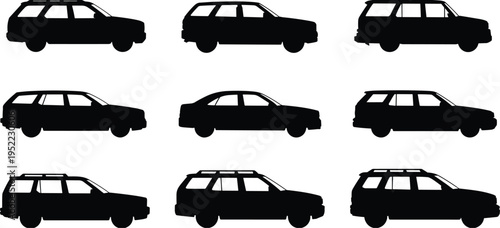 Car silhouettes vector, SUV outline, sedan sketch, station wagon design, vehicle illustration, automotive icon, transportation art, black silhouette cars
