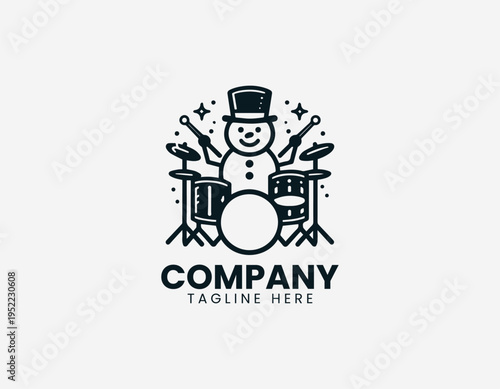 Snowman drummer playing drum set black vector logo illustration isolated on white background