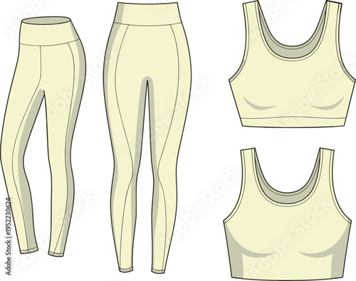 Women leggings and sports bra activewear set, gym fashion clothing design, workout outfit apparel, cad drawing flat vector illustration