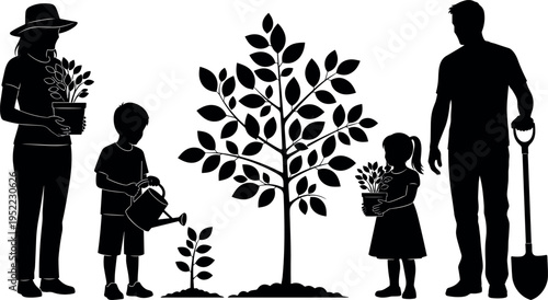 Family gardening silhouette with parents and children planting watering caring for tree environmental growth activity vector illustration isolated on white background sustainability concept