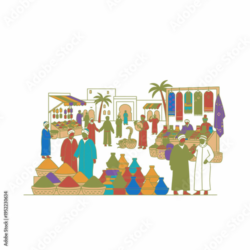 Vibrant Moroccan Souk Scene with Merchants and Goods.