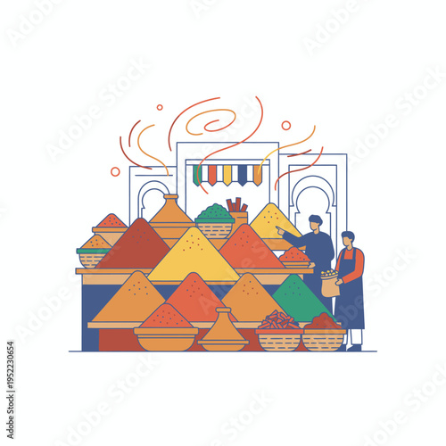 Vibrant Spice Market Display with Vendors.