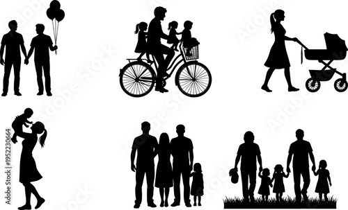 Family lifestyle silhouettes set showing parents with children walking cycling pushing stroller and bonding together vector illustration collection isolated on white background