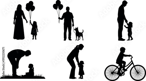 Family parenting silhouette set showing mother father and child activities, holding balloons, walking dog, teaching bicycle riding, caring interaction poses isolated black vector illustration