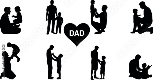 Father and child silhouette collection showing caring parenting interaction, playing, reading and lifting poses with love symbol isolated on light background black vector illustration
