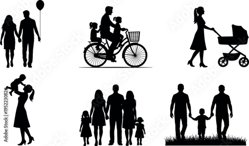 Family silhouette collection showing parents with children walking cycling with kids pushing baby stroller holding hands love care parenting vector illustration isolated background