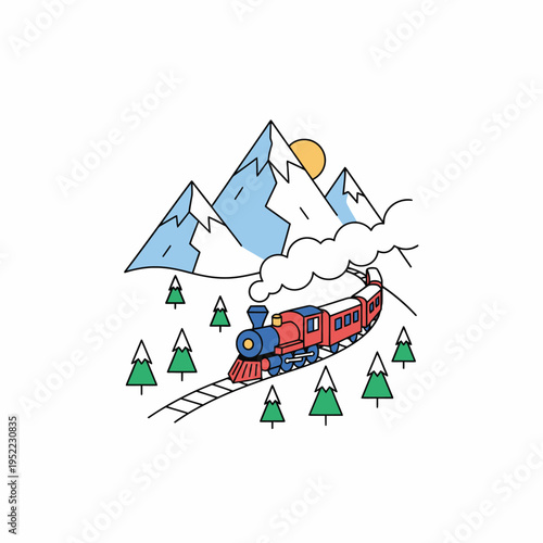 Vintage steam train traveling through snowy mountains.