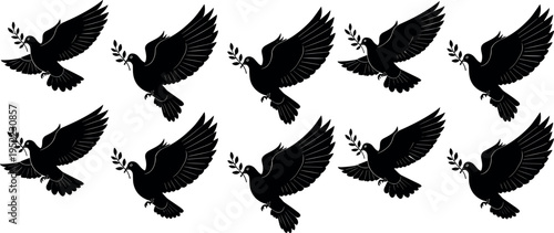 Flying dove silhouette collection with olive branch symbolizing peace freedom hope love spiritual harmony bird vector illustration set isolated on white background