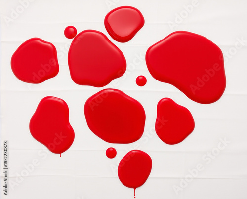 Bright red liquid paint drops and circular puddles isolated on a white textured background