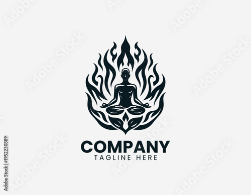 Meditating monk surrounded by flames black vector logo illustration isolated on white background