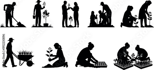 Gardening people silhouettes set showing planting watering digging seedlings family teamwork agriculture activity farmers with wheelbarrow and tools isolated black vector collection on white 