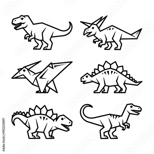 Dinosaur icons set with various species and origami style illustrations