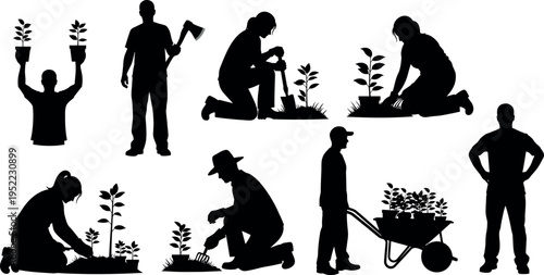 Gardening people silhouette set showing men and women planting seedlings watering plants carrying wheelbarrow holding tools farming activity vector illustration isolated on white background