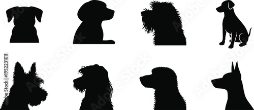 Dog silhouettes collection, different dog breeds, pet icons set, canine shapes, black dog profile, animal silhouette illustration, puppy breed symbols, vector style