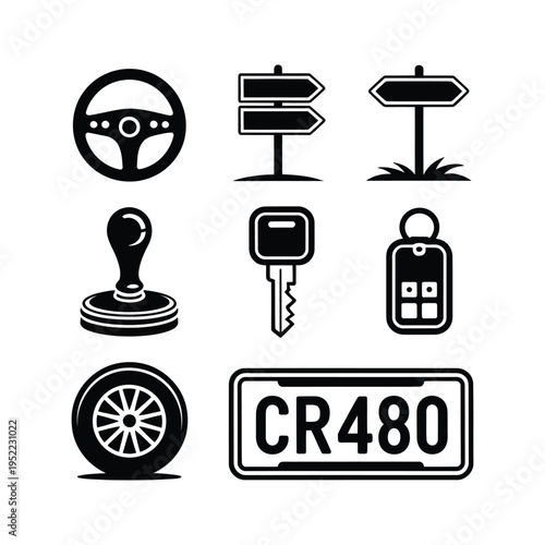 Car icon set including steering wheel and license plate