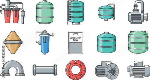 Industrial water treatment and pipeline equipment icons set with filters, storage tanks, pumps, valves and collection tank for engineering system illustration