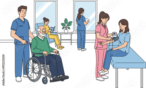 Healthcare clinic scene with nurses assisting patients, medical checkup illustration, wheelchair support, doctor visit concept, modern hospital environment artwork