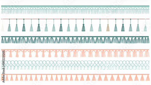 Cartoon Seamless Fringe Borders Set, Colorful Tassel Garlands, Textile Fabric Trim Decoration, Flat Sewing Accessories Vector