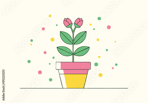 Cute potted plant with pink flowers and colorful confetti