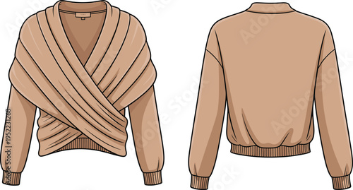 "Flat vector cad drawing of draped crossover front sweater with long sleeves and ribbed hem fashion technical illustration front back view"