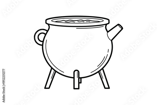 A black and white illustration of a bubbling cauldron on three legs, used for brewing potions or concoctions in a mystical or magical setting, often associated with witches and fantasy.
