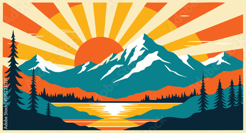 Retro vintage mountain landscape with sunburst sky and lake