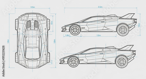Sports Car Blueprint Design Technical Drawing.