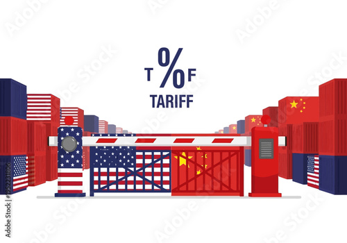 US and China trade tariff barrier with flags and shipping containers representing international commerce