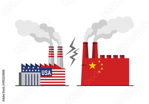 US vs China Trade War Conflict, Industrial Factories and Pollution with National Flags