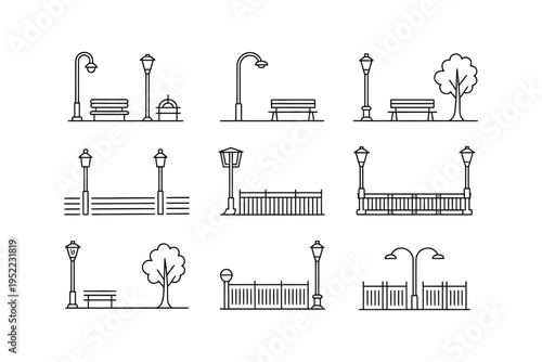 Street lamp vector icons in a park setting with benches and trees