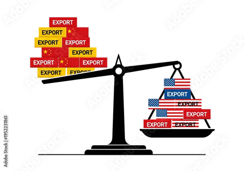 US-China trade imbalance depicted by scales weighing exports from each nation
