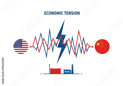 Geopolitical economic conflict illustration between USA and China with energy grid visualization