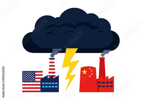 Trade conflict and economic tension between USA and China, symbolized by factories under storm clouds with lightning