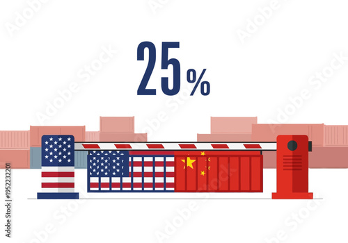Trade war between USA and China represented by a customs barrier with national flags and a percentage